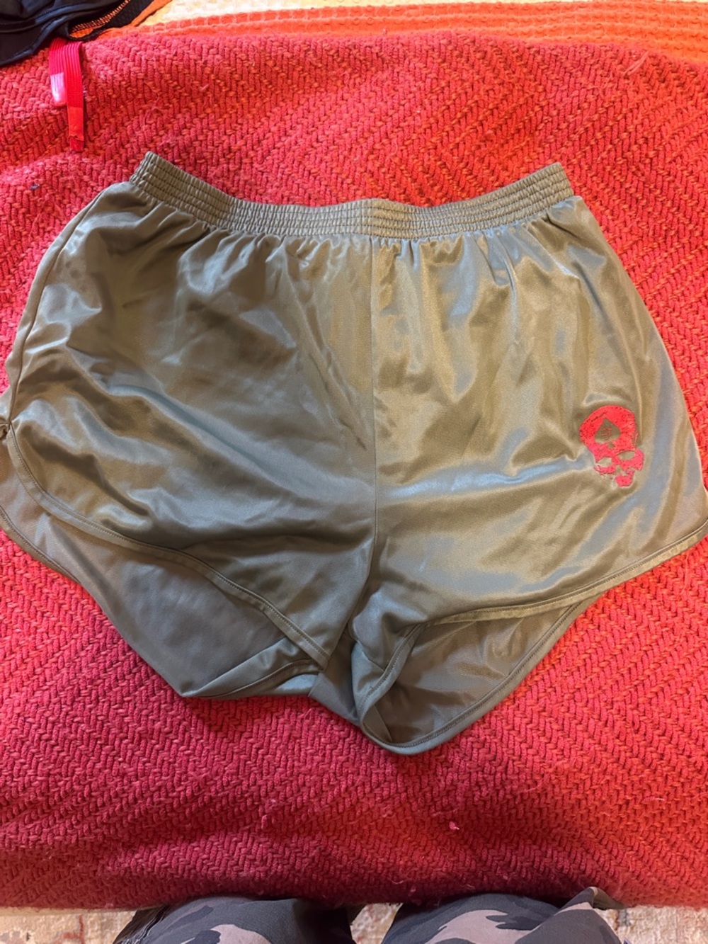 Men's Olive Green Athletic Shorts with Red Skull Accent (silkies)
